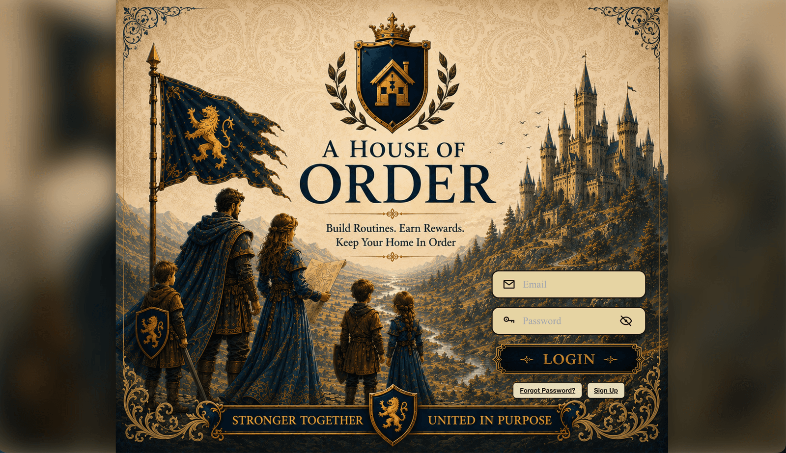The House of Order sign-in screen — a medieval family looking out over a castle valley, above the words Build Routines, Earn Rewards, Keep Your Home In Order